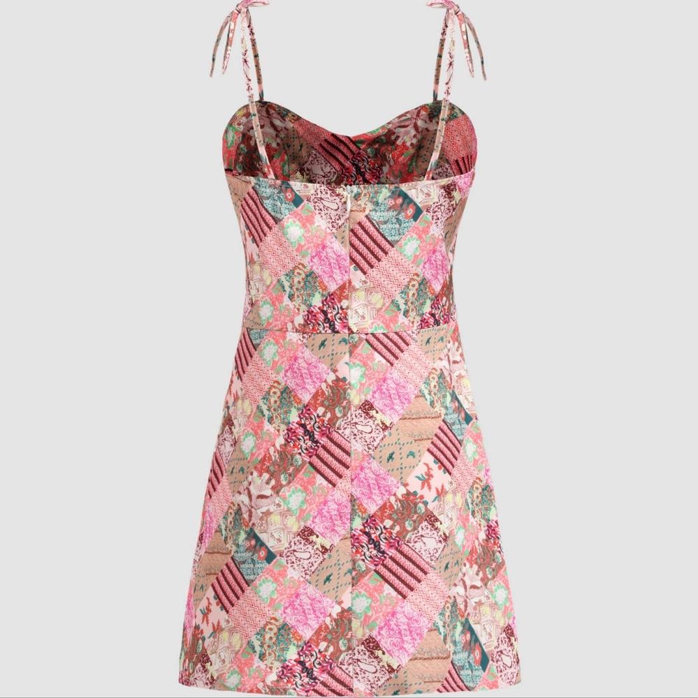 Brand New Unique Florals & Paisley Patchwork Silky A-Line Red Mini Dress - Picture 3 of 10